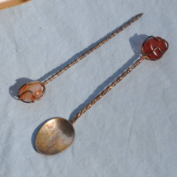 Sterling Silver Spoon olive Pick Set Gemstone vintage Joalheiros H Stern (H93) - Picture 1 of 5
